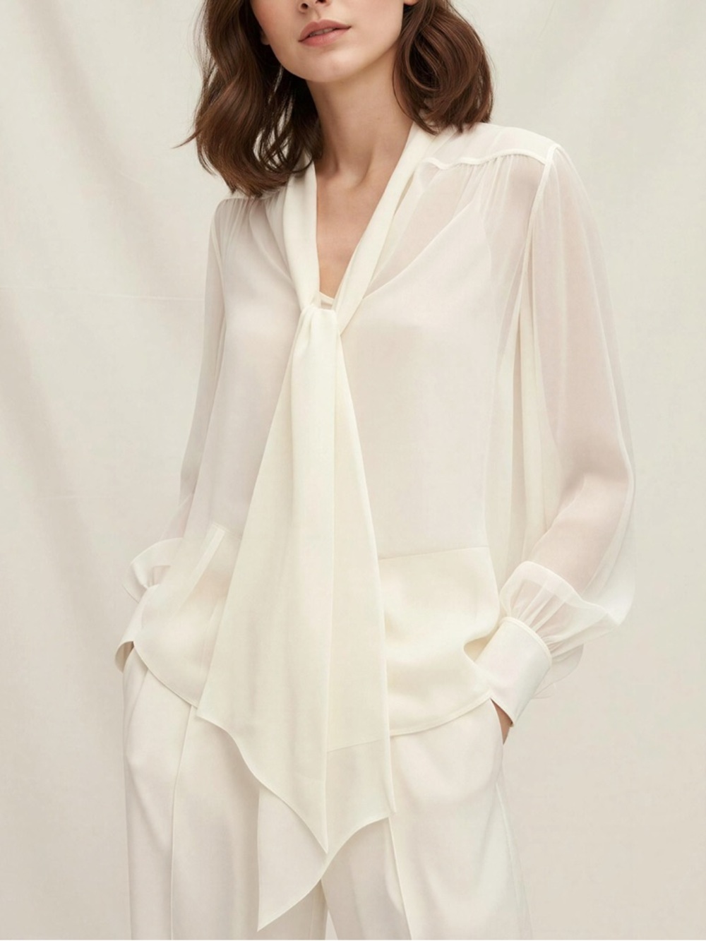 LILYSILK Jasmine Bow Tie Long Sleeve Silk Blouse, Natural White, XS